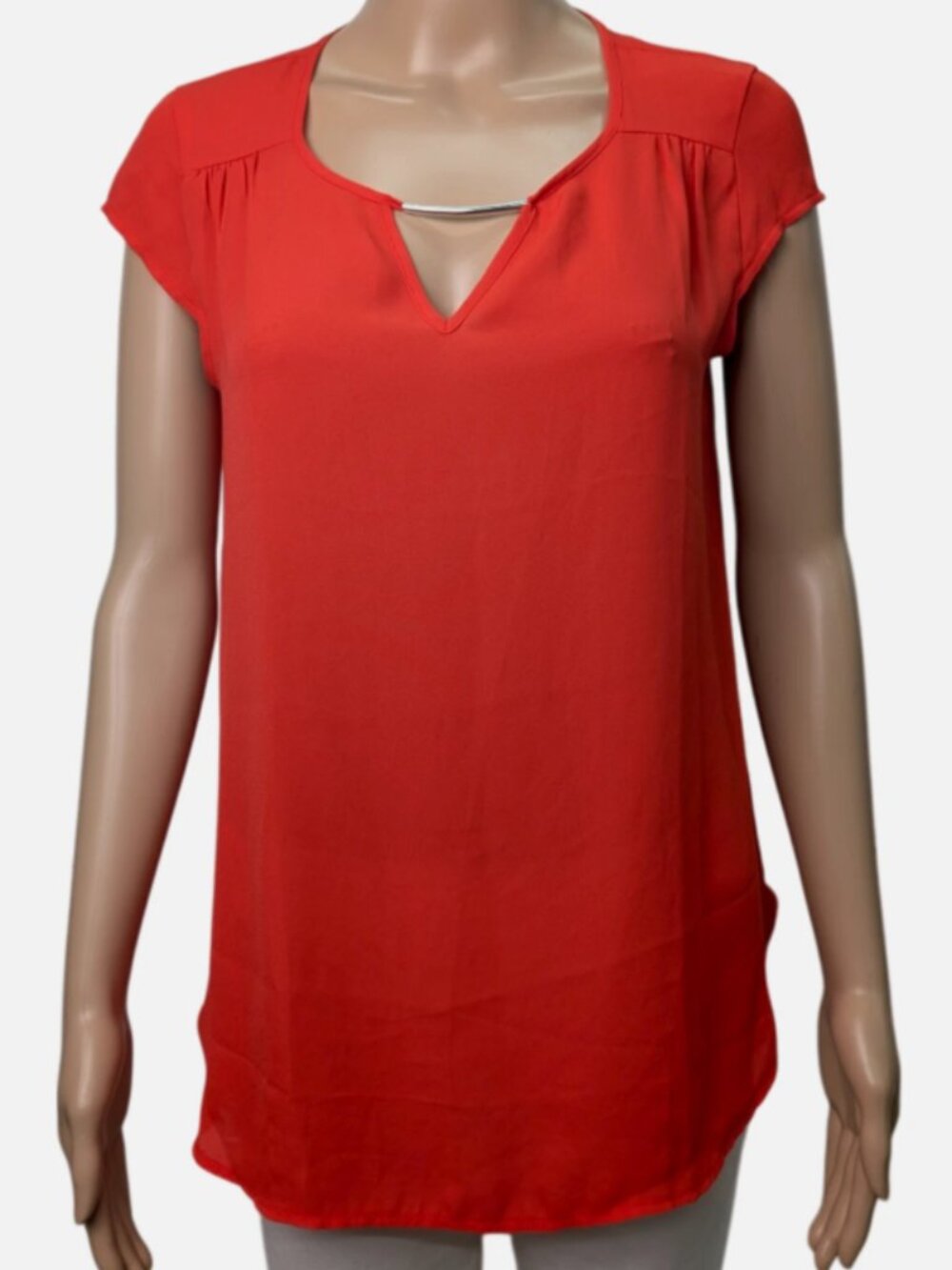 Suzy Shier blood orange Cap Sleeve Sheer Keyhole Blouse S
